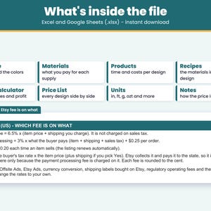 Tabs inside the .xlsx file for Excel and Google Sheets: Start Here, Materials, Products, Recipes, Pricing Calculator, Price List, Units, Notes