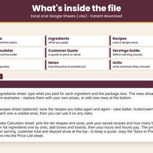 Tabs inside the .xlsx file for Excel and Google Sheets: Start Here, Ingredients, Recipes, Cake Calculator, Customer Quote, Servings Guide, Price List, Notes, Units