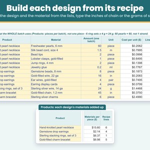 Recipes tab: build each jewelry design from its beads, inches of chain and wire, grams of silver and findings for one batch so the material cost is added up