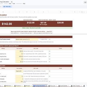 Unedited screenshot of the actual Charcuterie Pricing Calculator file opened in Google Sheets in view-only mode, showing the Pricing Calculator tab with the price at the top and the sheet tabs along the bottom