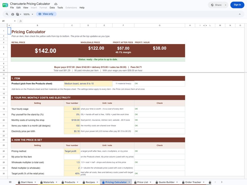 Unedited screenshot of the actual Charcuterie Pricing Calculator file opened in Google Sheets in view-only mode, showing the Pricing Calculator tab with the price at the top and the sheet tabs along the bottom