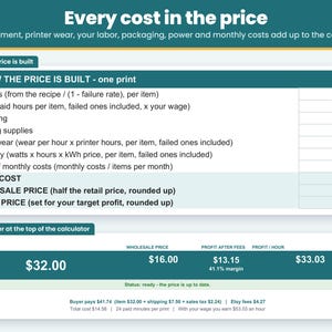 Price breakdown line by line: materials, labor, packaging, equipment wear, printer electricity, monthly costs, total cost, wholesale and retail