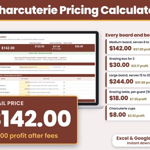 Charcuterie Pricing Calculator Spreadsheet, Grazing Table Price Per Guest, Charcuterie Business, Excel and Google Sheets