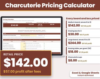 Charcuterie Pricing Calculator Spreadsheet, Grazing Table Price Per Guest, Charcuterie Business, Excel and Google Sheets