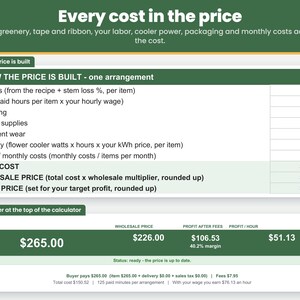 Price breakdown line by line: flowers and supplies, labor, packaging, equipment wear, cooler electricity, monthly costs, total cost and retail price