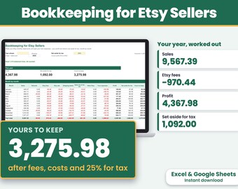 Bookkeeping Spreadsheet for Etsy Sellers, Profit and Loss, Tax Set Aside, Excel, Google Sheets