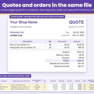 Example sticker quote in the Quote Builder with delivery and a discount added, and the Order Tracker logging every order with profit month by month