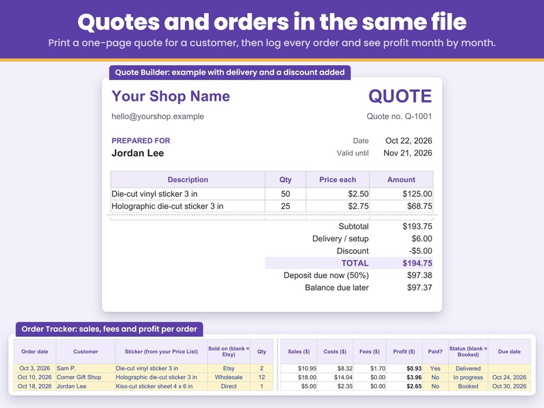 Example sticker quote in the Quote Builder with delivery and a discount added, and the Order Tracker logging every order with profit month by month