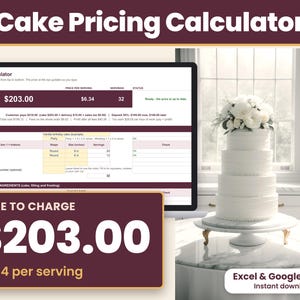 Cake pricing calculator spreadsheet for Excel and Google Sheets showing the suggested cake price, price per serving and servings at the top