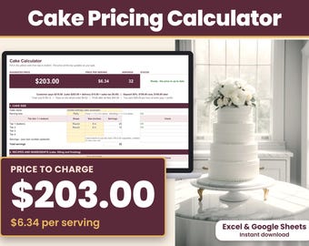 May include: A digital cake pricing calculator spreadsheet displayed on a computer screen, featuring columns for cake size, servings, and ingredients. A large text overlay reads Price to Charge $203.00 and $6.34 per serving. A white four-tier cake sits nearby.
