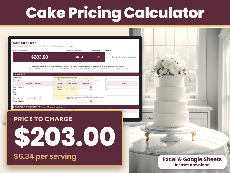 Cake pricing calculator spreadsheet for Excel and Google Sheets showing the suggested cake price, price per serving and servings at the top