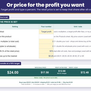 Target profit mode: type a percent and the retail price is set to keep that profit after all costs, shown for a candle at 50%