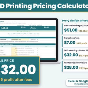 3D Print Pricing Calculator Spreadsheet, Filament Cost Calculator, 3D Printing Business, Excel and Google Sheets
