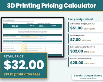 3D Print Pricing Calculator Spreadsheet, Filament Cost Calculator, 3D Printing Business, Excel and Google Sheets