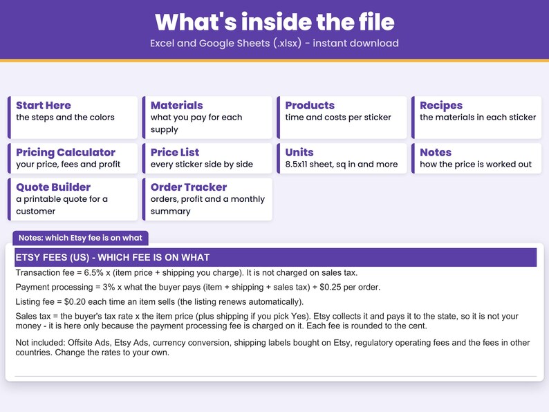 Tabs inside the .xlsx file for Excel and Google Sheets: Start Here, Materials, Products, Recipes, Pricing Calculator, Price List, Quote Builder, Order Tracker, Units, Notes