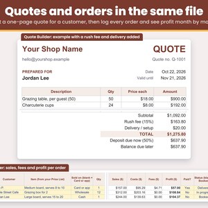 Example charcuterie quote in the Quote Builder with a rush fee and delivery added, and the Order Tracker logging every order with profit month by month