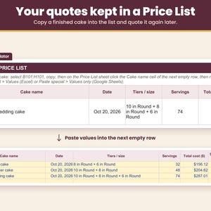 Price List sheet keeping finished cake quotes to reuse later