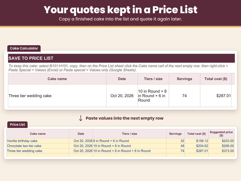Price List sheet keeping finished cake quotes to reuse later