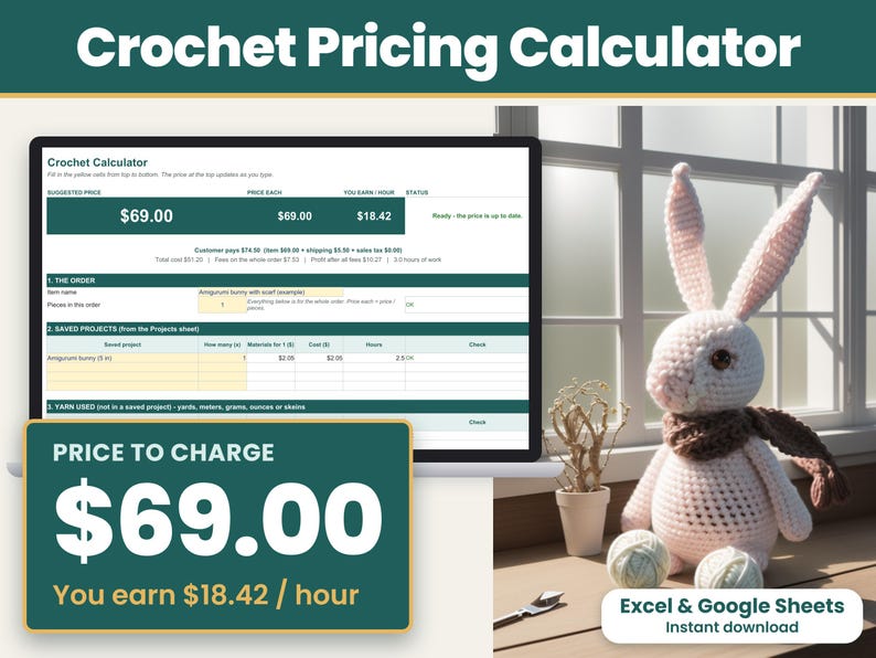 Crochet pricing calculator spreadsheet for Excel and Google Sheets showing the price, price each and what you earn per hour at the top