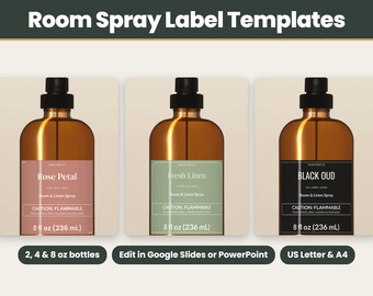 Editable Room Spray Label Template, Linen Spray Label, Front and Back Labels for 2 4 8 oz Boston Round Bottles, Google Slides, PowerPoint