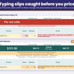 Input checks flag typing mistakes in red, such as 1:30 typed in hours, and unusual numbers in orange before you price