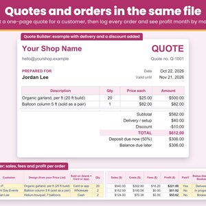 Example balloon garland quote in the Quote Builder with delivery and a discount added, and the Order Tracker logging every order with profit month by month