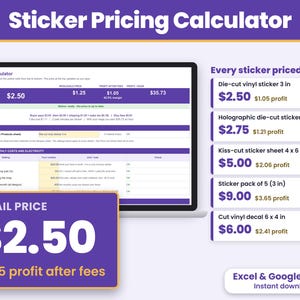 Sticker Pricing Calculator Spreadsheet, Sticker Cost Per Sheet, Sticker Shop Business, Excel and Google Sheets