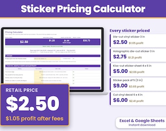 Sticker Pricing Calculator Spreadsheet, Sticker Cost Per Sheet, Sticker Shop Business, Excel and Google Sheets