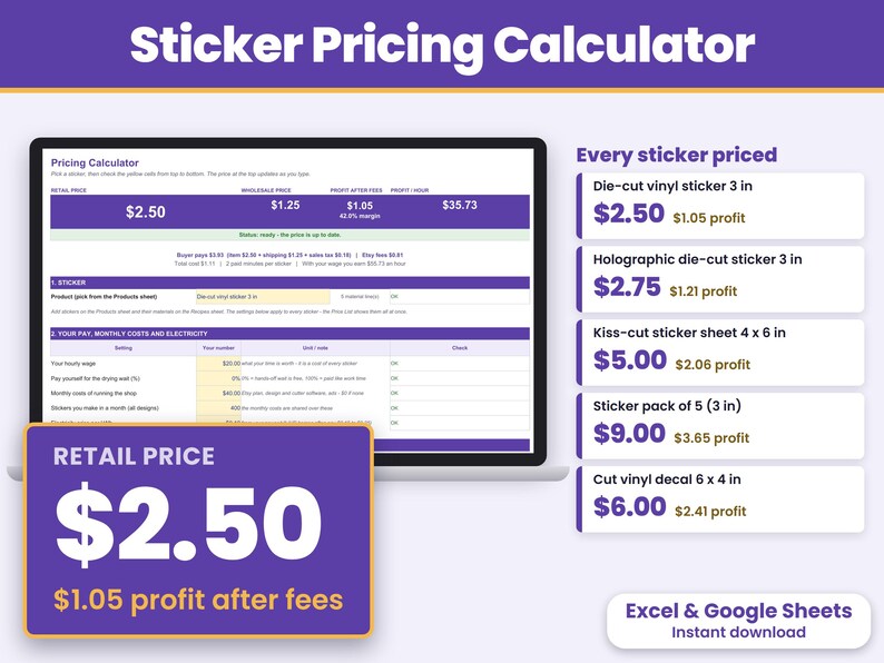 Sticker pricing calculator spreadsheet for Excel and Google Sheets showing the retail price per sticker and profit after Etsy fees at the top