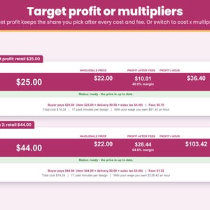 Pricing method choice: set the profit you want per foot or per design, or use wholesale and retail multipliers