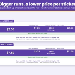 Bigger print runs give a lower price per sticker because the design and set-up time is shared over every sticker in the run