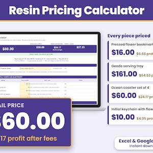 Resin art pricing calculator spreadsheet for Excel and Google Sheets showing the retail price per piece and profit after Etsy fees at the top