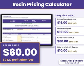 Resin Pricing Calculator Spreadsheet, Resin Art Cost Calculator, Epoxy Resin Business, Excel and Google Sheets