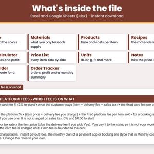 Tabs inside the .xlsx file for Excel and Google Sheets: Start Here, Materials, Products, Recipes, Pricing Calculator, Price List, Quote Builder, Order Tracker, Units, Notes