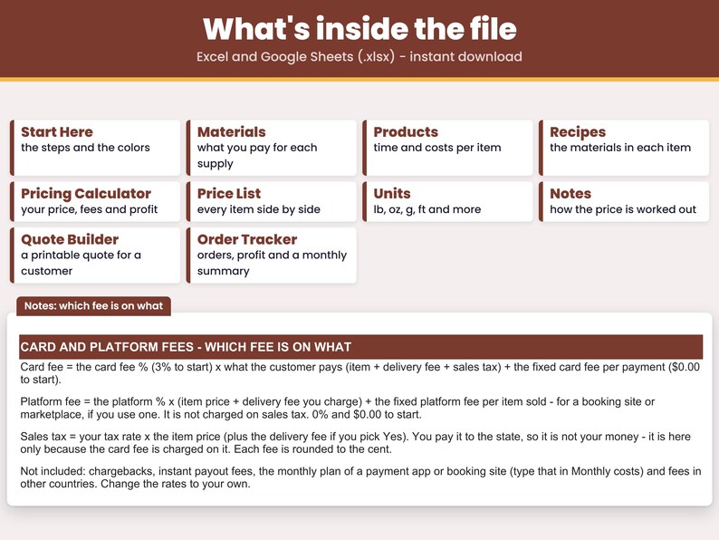 Tabs inside the .xlsx file for Excel and Google Sheets: Start Here, Materials, Products, Recipes, Pricing Calculator, Price List, Quote Builder, Order Tracker, Units, Notes