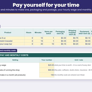 Products sheet with time to make one item, packaging, postage, your hourly wage and monthly costs