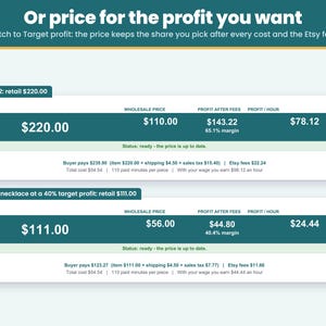 Pricing method choice: the same necklace priced with cost times multipliers or for a target profit after Etsy fees