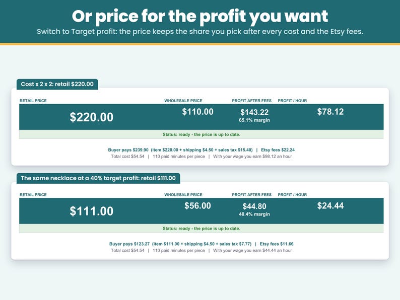 Pricing method choice: the same necklace priced with cost times multipliers or for a target profit after Etsy fees