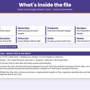 Tabs inside the .xlsx file for Excel and Google Sheets: Start Here, Materials, Products, Recipes, Pricing Calculator, Price List, Units, Notes