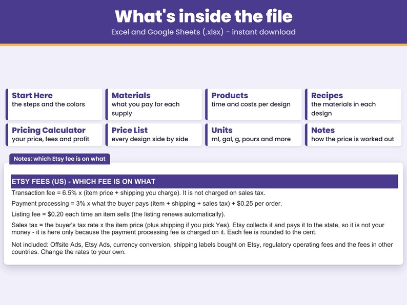 Tabs inside the .xlsx file for Excel and Google Sheets: Start Here, Materials, Products, Recipes, Pricing Calculator, Price List, Units, Notes