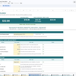 Unedited screenshot of the actual 3D Printing Pricing Calculator file opened in Google Sheets in view-only mode, showing the Pricing Calculator tab with the price at the top and the sheet tabs along the bottom