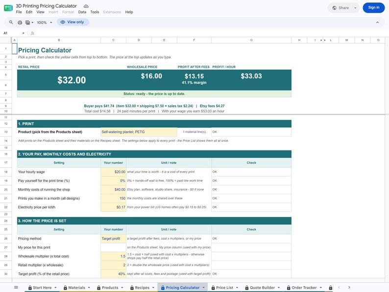 Unedited screenshot of the actual 3D Printing Pricing Calculator file opened in Google Sheets in view-only mode, showing the Pricing Calculator tab with the price at the top and the sheet tabs along the bottom