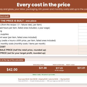 Price breakdown line by line: materials, labor, packaging, equipment wear, kiln electricity, monthly costs, total cost, wholesale and retail price