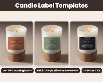Candle Label Template Bundle, Editable Jar, Lid and Warning Labels, Google Slides, PowerPoint, Printable