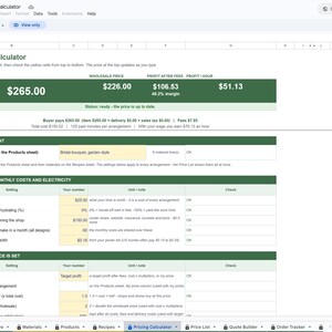 Unedited screenshot of the actual Florist Pricing Calculator file opened in Google Sheets in view-only mode, showing the Pricing Calculator tab with the price at the top and the sheet tabs along the bottom