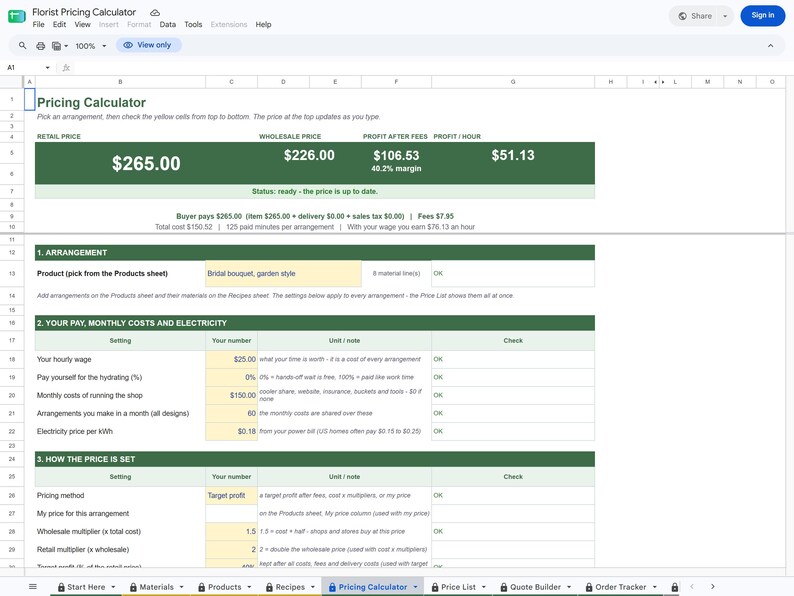 Unedited screenshot of the actual Florist Pricing Calculator file opened in Google Sheets in view-only mode, showing the Pricing Calculator tab with the price at the top and the sheet tabs along the bottom