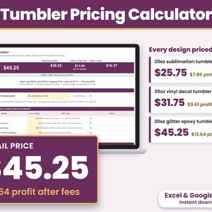 Tumbler pricing calculator spreadsheet for Excel and Google Sheets showing the suggested price per tumbler and profit at the top