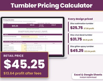 Tumbler Pricing Calculator Spreadsheet, Sublimation Epoxy Vinyl Tumbler Price Sheet, Excel and Google Sheets