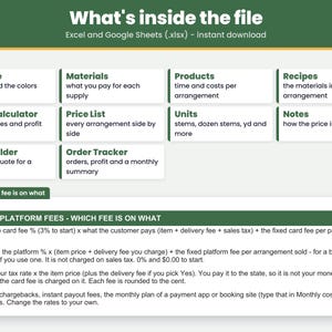 Tabs inside the .xlsx file for Excel and Google Sheets: Start Here, Materials, Products, Recipes, Pricing Calculator, Price List, Quote Builder, Order Tracker, Units, Notes