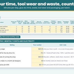 Products sheet: pieces per batch, minutes to design, make and finish, glue dry time, polisher watts, waste, packaging and tool wear per piece